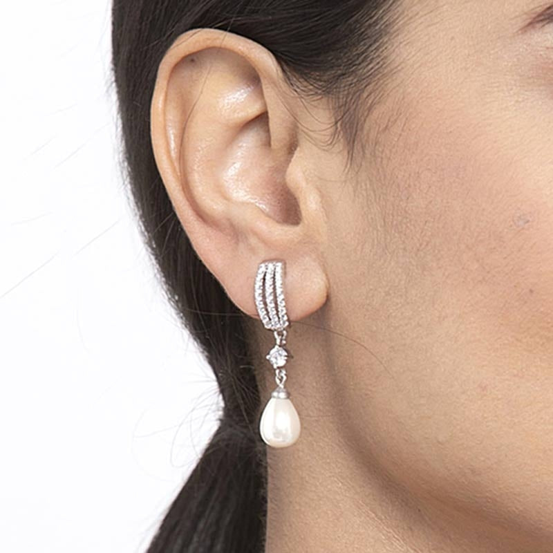 CLARA 925 Sterling Silver Pearl Queen Earrings | Rhodium Plated, Swiss Zirconia, Screw Back | Gift for Women & Girls