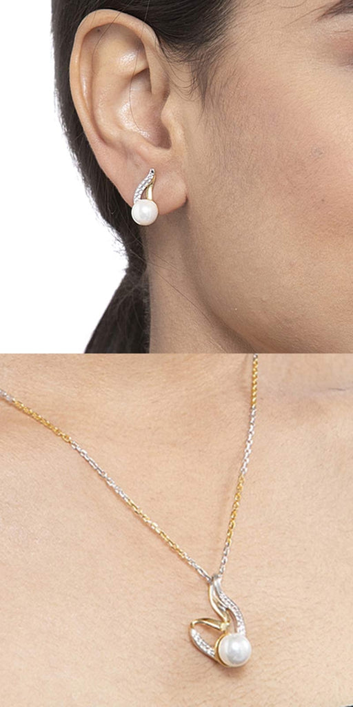 CLARA 925 Sterling Silver Pearl Asuka Pendant Earring Chain Jewellery Set | Gold Rhodium Plated, Swiss Zirconia | Gift for Women & Girls