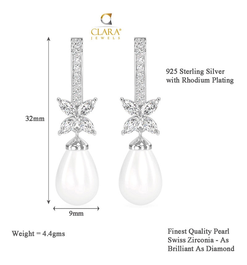 CLARA 925 Sterling Silver Pearl Hina Earrings | Rhodium Plated, Swiss Zirconia , Screw Back | Gift for Women & Girls