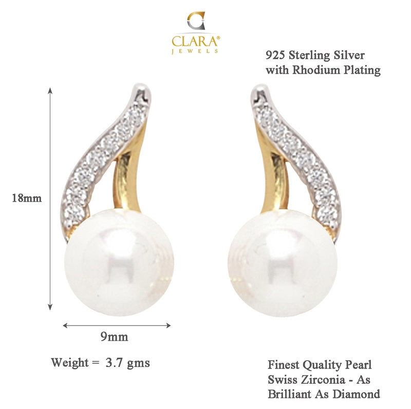 CLARA 925 Sterling Silver Pearl Asuka Stud Earrings | Gold Rhodium Plated, Swiss Zirconia , Screw Back | Gift for Women & Girls