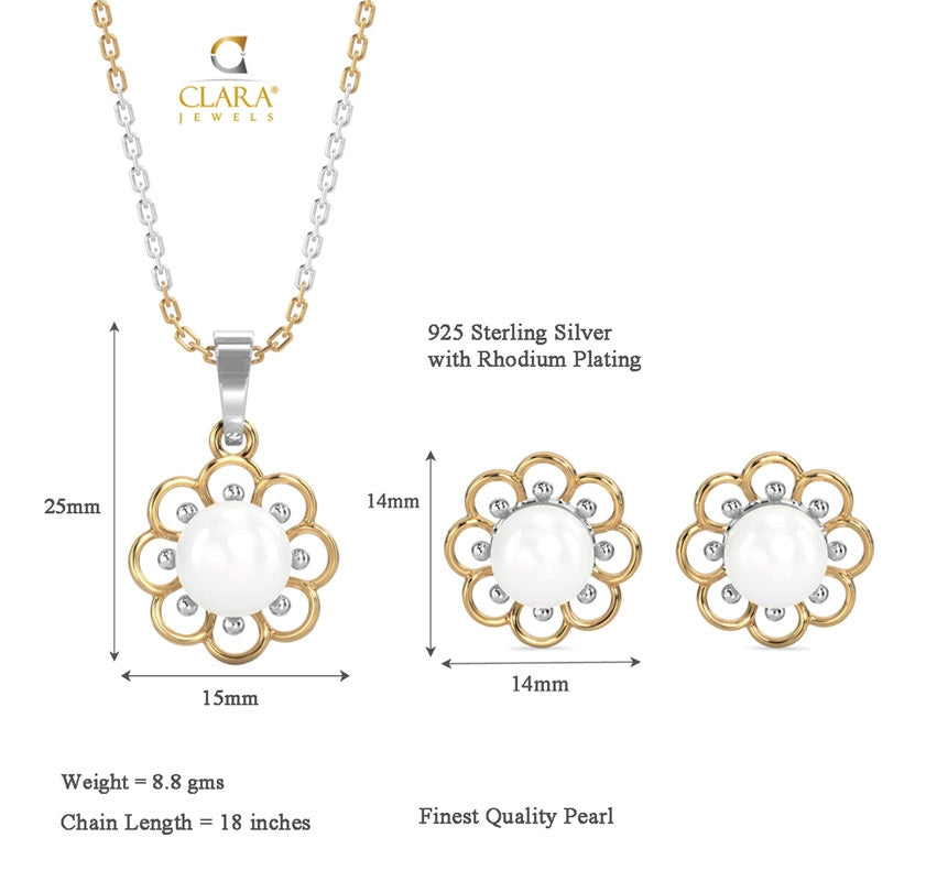 CLARA 925 Sterling Silver Pearl Lotus Pendant Earring Chain Jewellery Set | Gold Rhodium Plated | Gift for Women & Girls