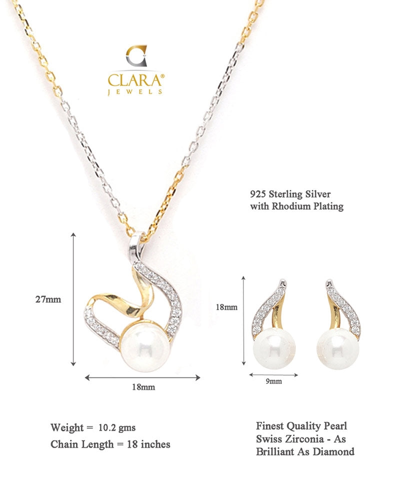 CLARA 925 Sterling Silver Pearl Asuka Pendant Earring Chain Jewellery Set | Gold Rhodium Plated, Swiss Zirconia | Gift for Women & Girls