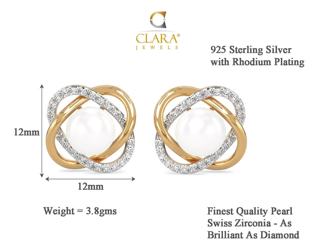 CLARA 925 Sterling Silver Real Pearl Stud knot Earrings | Gold Rhodium Plated, Swiss Zirconia , Screw Back | Gift for Women & Girls
