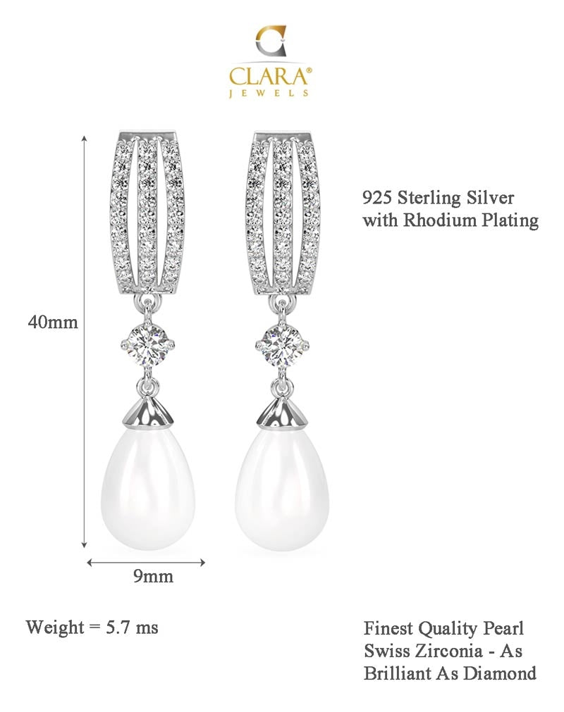 CLARA 925 Sterling Silver Pearl Queen Earrings | Rhodium Plated, Swiss Zirconia, Screw Back | Gift for Women & Girls