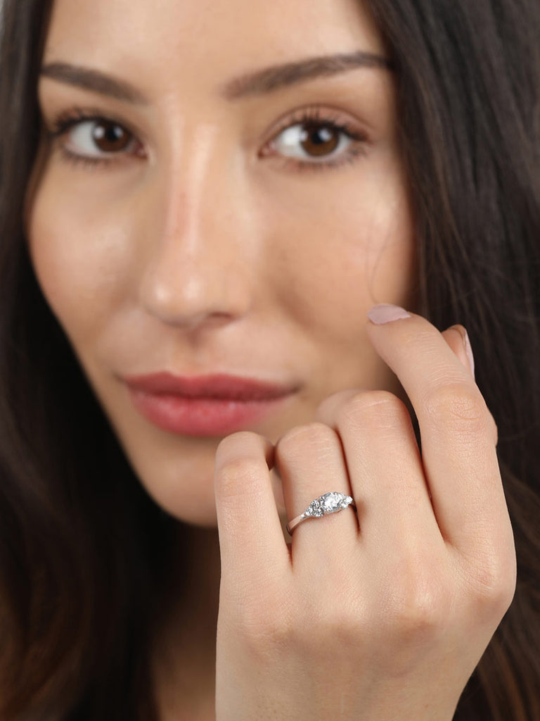 CLARA 925 Sterling Silver Cute Ring with Adjustable Band Rhodium Plated, Swiss Zirconia Gift for Women & Girls