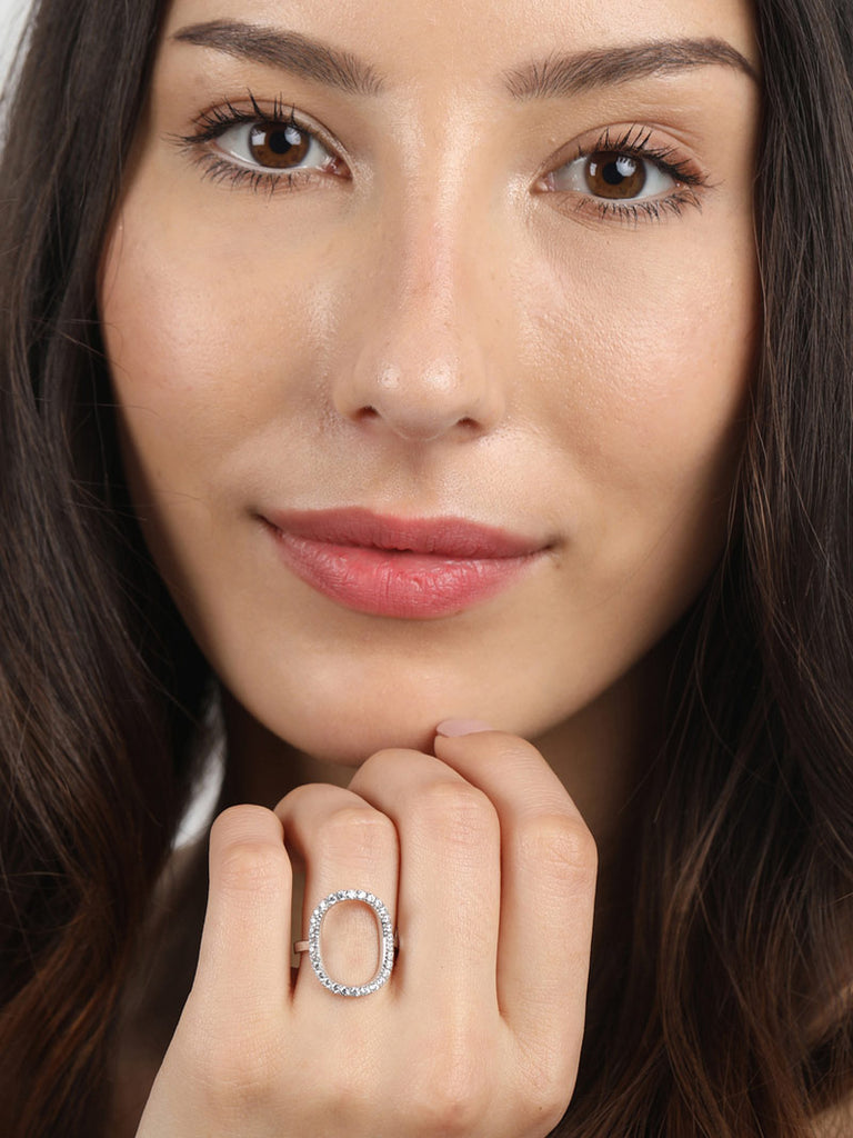 CLARA 925 Sterling Silver Unique Ring with Adjustable Band Rhodium Plated, Swiss Zirconia Gift for Women & Girls