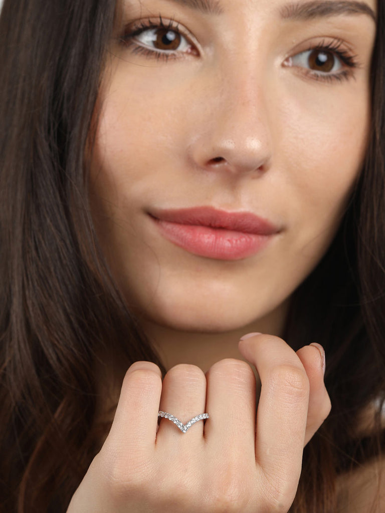 CLARA 925 Sterling Silver V Shape Ring with Adjustable Band Rhodium Plated, Swiss Zirconia Gift for Women & Girls