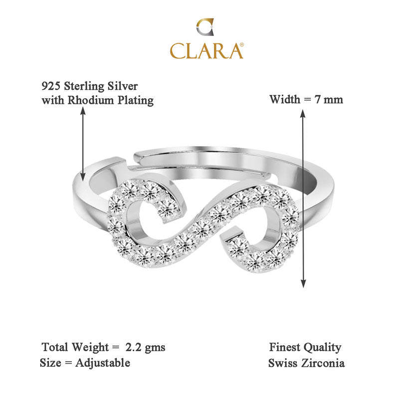 CLARA 925 Sterling Silver Infinity Ring with Adjustable Band Rhodium Plated, Swiss Zirconia Gift for Women & Girls