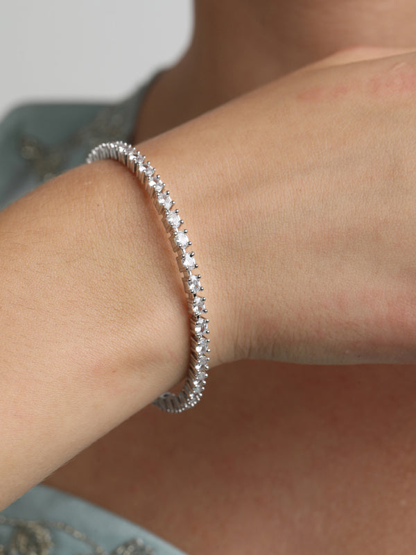 CLARA 925 Sterling Silver Oval Solitaire Bangle Swiss Zirconia, Rhodium Plated Gift for Women and Girls