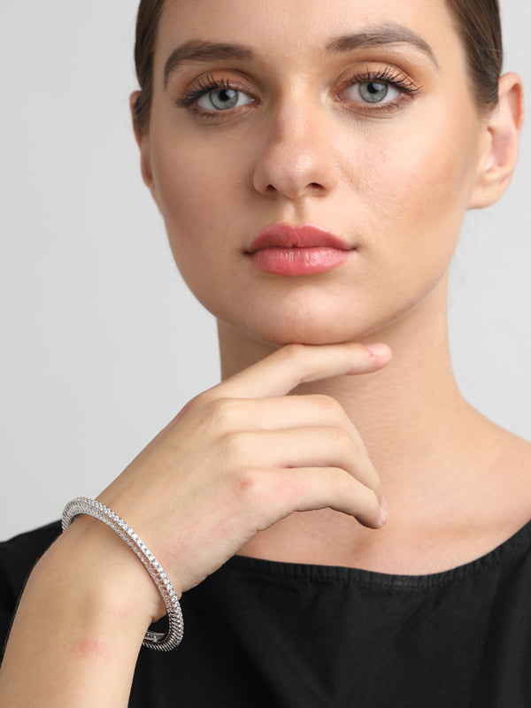 CLARA 925 Sterling Silver Classic Solitaire Bangle Swiss Zirconia, Rhodium Plated Gift for Women and Girls