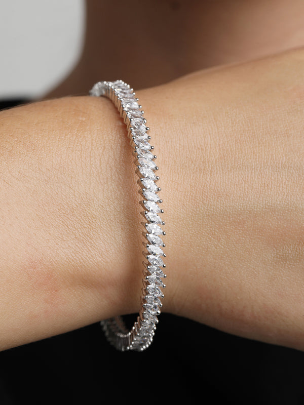 CLARA 925 Sterling Silver Marquise Solitaire Bangle Swiss Zirconia, Rhodium Plated Gift for Women and Girls
