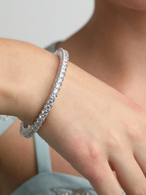 CLARA 925 Sterling Silver Round Solitaire Bangle Swiss Zirconia, Rhodium Plated Gift for Women and Girls