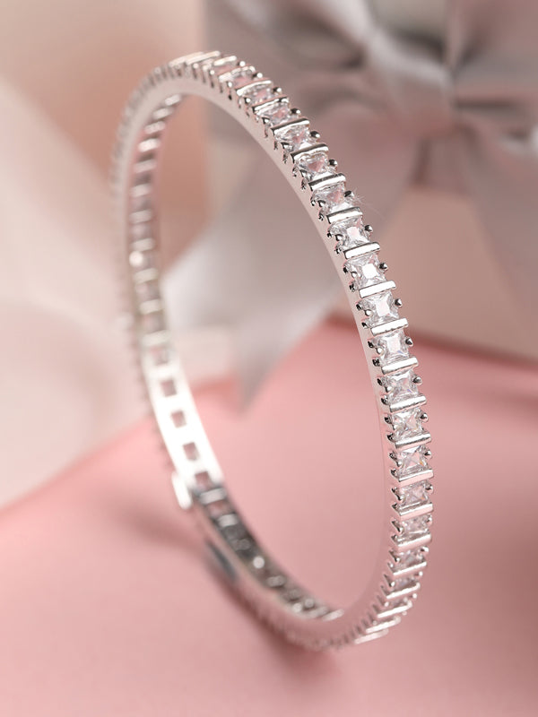 CLARA 925 Sterling Silver Princess Solitaire Bangle Swiss Zirconia, Rhodium Plate Gift for Women and Girls