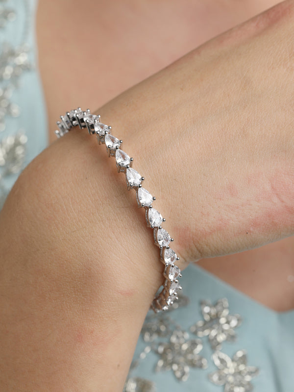 CLARA 925 Sterling Silver Pear Solitaire Bangle Swiss Zirconia Rhodium Plated Gift for Women and Girls