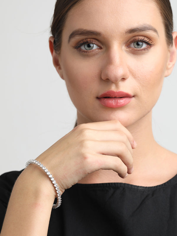 CLARA 925 Sterling Silver Heart Solitaire Bangle Swiss Zirconia, Rhodium Plated Gift for Women and Girls