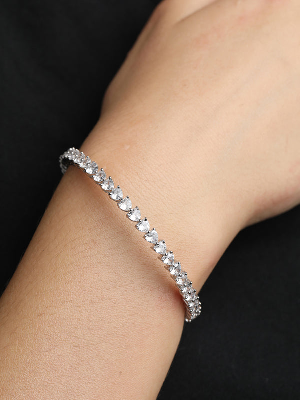 CLARA 925 Sterling Silver Heart Solitaire Bangle Swiss Zirconia, Rhodium Plated Gift for Women and Girls