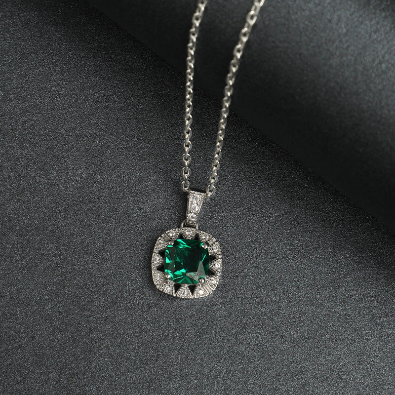 CLARA 925 Sterling Silver Dark Green Cushion Pendant | Rhodium Plated, Swiss Zirconia | Gift for Women & Girls