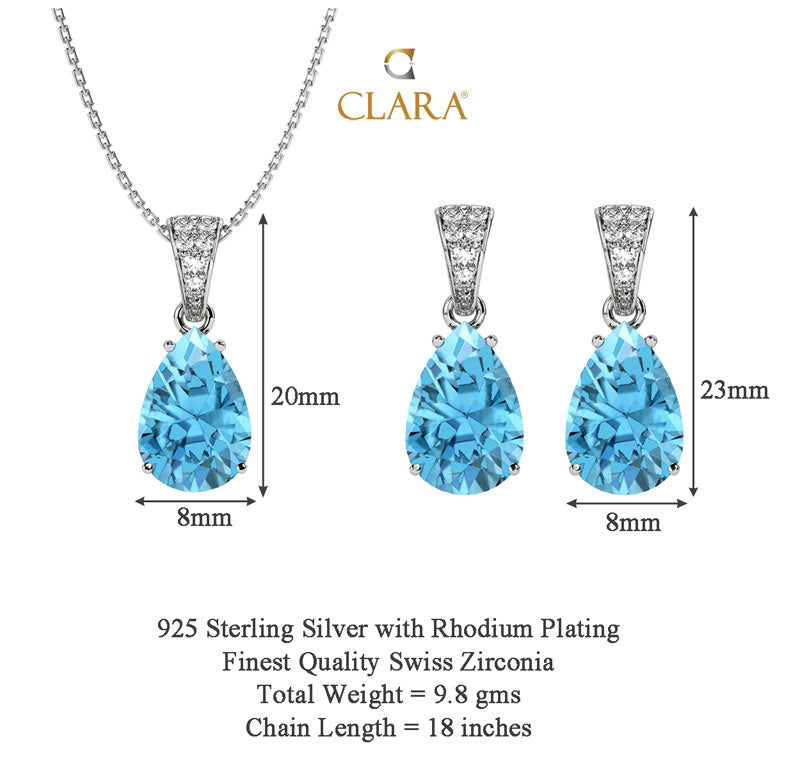 CLARA 925 Sterling Silver Sky Blue Tear Drop Pendant Earring Chain Jewellery Set Rhodium Plated, Swiss Zirconia Gift for Women & Girls