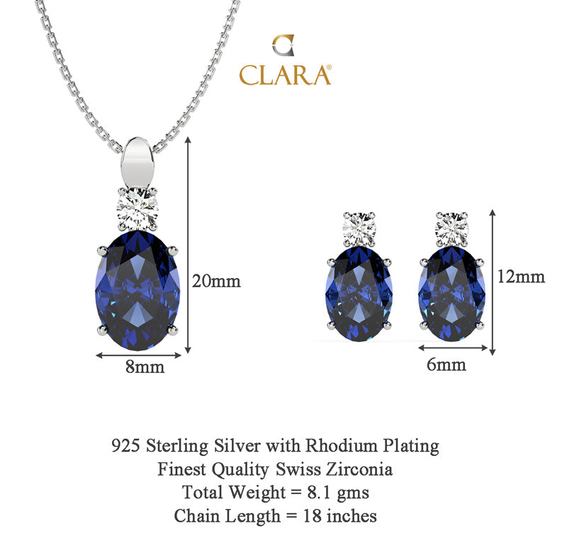 CLARA 925 Sterling Silver Royal Blue Oval Pendant Earring Chain Jewellery Set Rhodium Plated, Swiss Zirconia Gift for Women & Girls