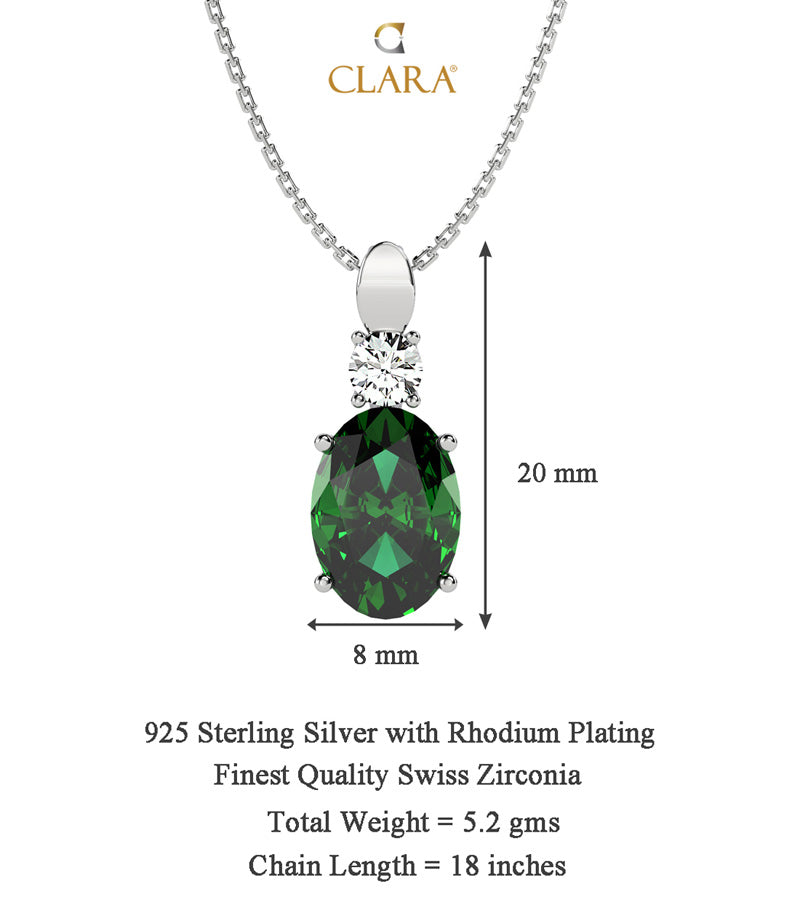 CLARA 925 Sterling Silver Dark Green Oval Pendant Rhodium Plated, Swiss Zirconia Gift for Women & Girls