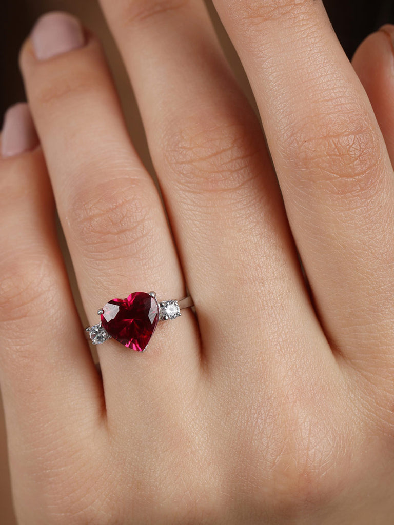 Silver Blood Red Heart Ring