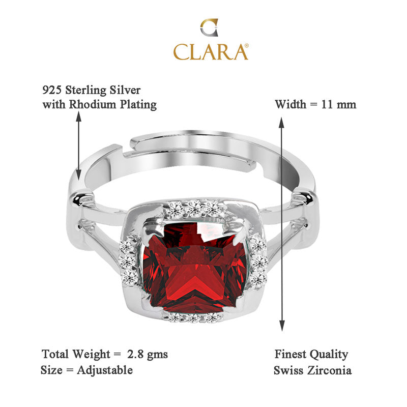 CLARA 925 Sterling Silver Blood Red Cushion Ring with Adjustable Band Rhodium Plated, Swiss Zirconia Gift for Women & Girls