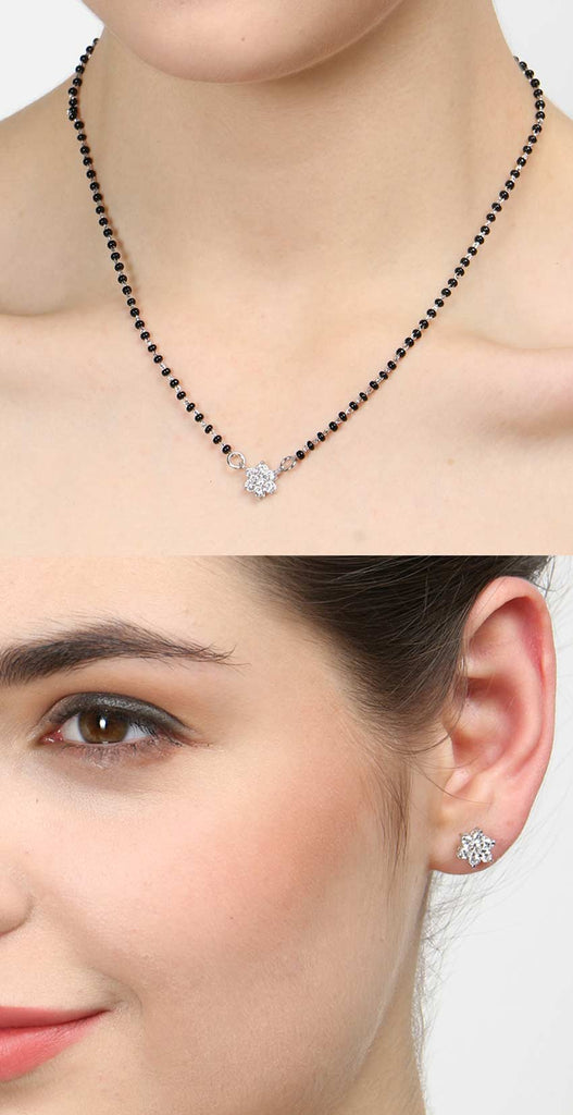 CLARA 925 Sterling Silver Star Mangalsutra Tanmaniya Pendant Earring Jewellery Set with Chain Gift for Women and Girls