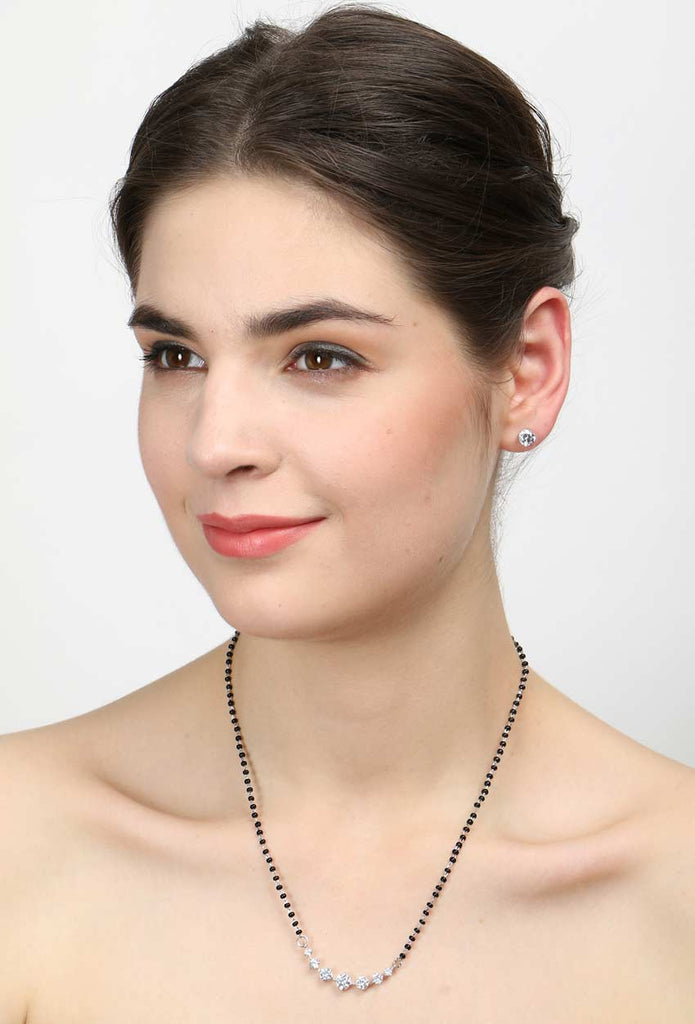CLARA 925 Sterling Silver 7 Stone Mangalsutra Tanmaniya Pendant Earring Jewellery Set with Chain Gift for Women and Girls
