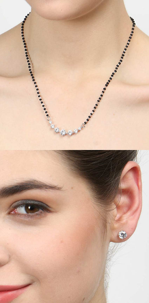 CLARA 925 Sterling Silver 7 Stone Mangalsutra Tanmaniya Pendant Earring Jewellery Set with Chain Gift for Women and Girls