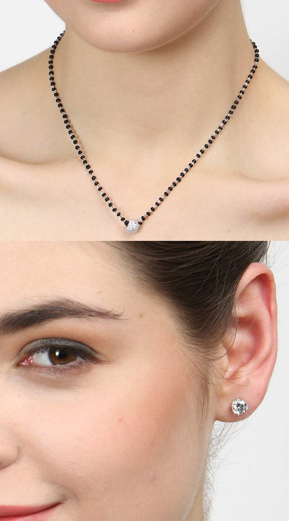 CLARA 925 Sterling Silver Ball Mangalsutra Tanmaniya Pendant Earring Jewellery Set with Chain Gift for Women and Girls