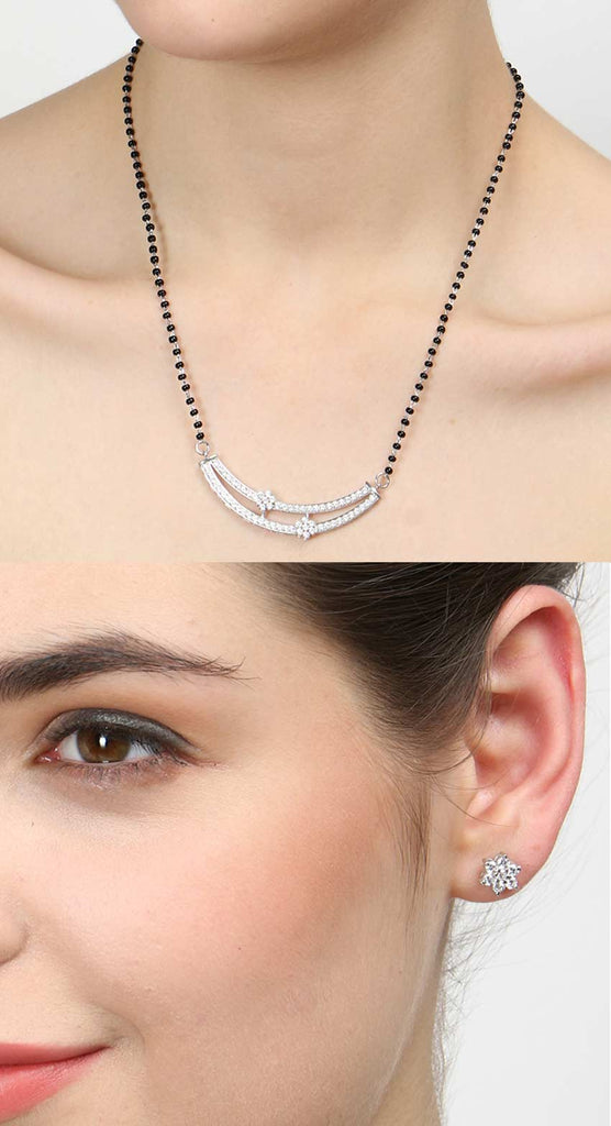 CLARA 925 Sterling Silver Ava Mangalsutra Tanmaniya Pendant Earring Jewellery Set with Chain Gift for Women and Girls