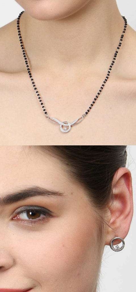 CLARA 925 Sterling Silver Evie Mangalsutra Tanmaniya Pendant Earring Jewellery Set with Chain Gift for Women and Girls