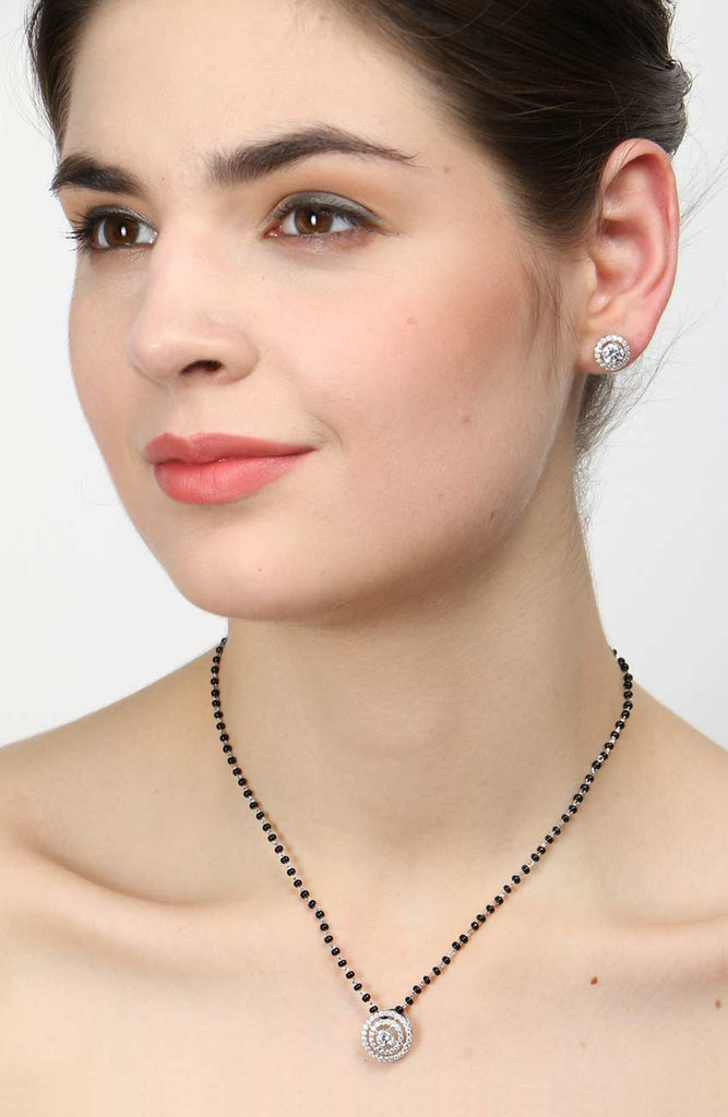 CLARA 925 Sterling Silver Halo Mangalsutra Tanmaniya Pendant Earring Jewellery Set with Chain Gift for Women and Girls