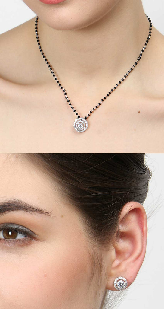 CLARA 925 Sterling Silver Halo Mangalsutra Tanmaniya Pendant Earring Jewellery Set with Chain Gift for Women and Girls