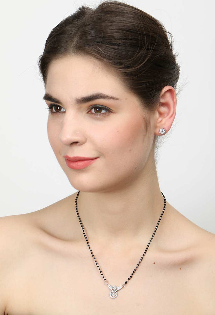 CLARA 925 Sterling Silver Aria Mangalsutra Tanmaniya Pendant Earring Jewellery Set with Chain Gift for Women and Girls
