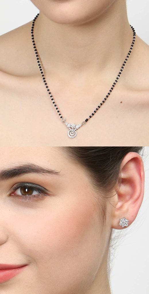 CLARA 925 Sterling Silver Aria Mangalsutra Tanmaniya Pendant Earring Jewellery Set with Chain Gift for Women and Girls