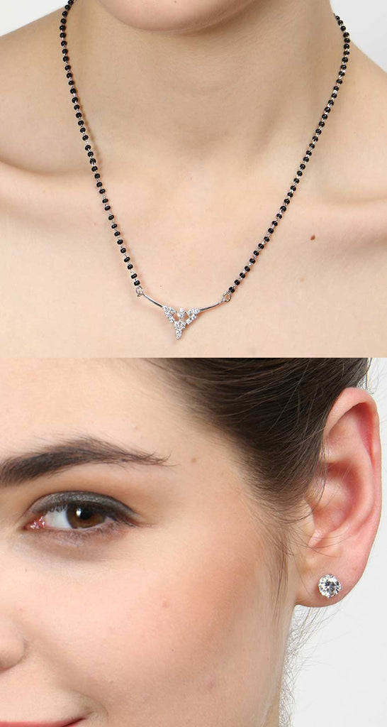 CLARA 925 Sterling Silver Alice Mangalsutra Tanmaniya Pendant Earring Jewellery Set with Chain Gift for Women and Girls