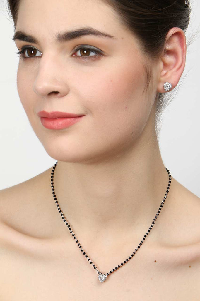 CLARA 925 Sterling Silver Valentine Mangalsutra Tanmaniya Pendant Earring Jewellery Set with Chain Gift for Women and Girls