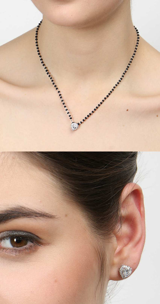 CLARA 925 Sterling Silver Valentine Mangalsutra Tanmaniya Pendant Earring Jewellery Set with Chain Gift for Women and Girls