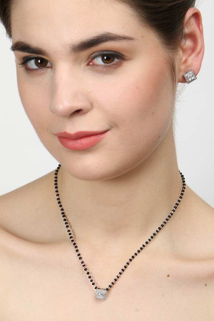 CLARA 925 Sterling Silver Princess Mangalsutra Tanmaniya Pendant Earring Jewellery Set with Chain Gift for Women and Girls