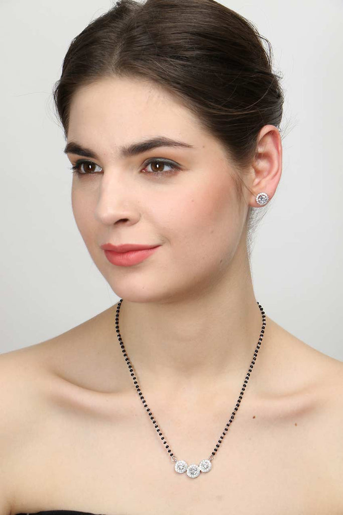 CLARA 925 Sterling Silver Poppy Mangalsutra Tanmaniya Pendant Earring Jewellery Set with Chain Gift for Women and Girls