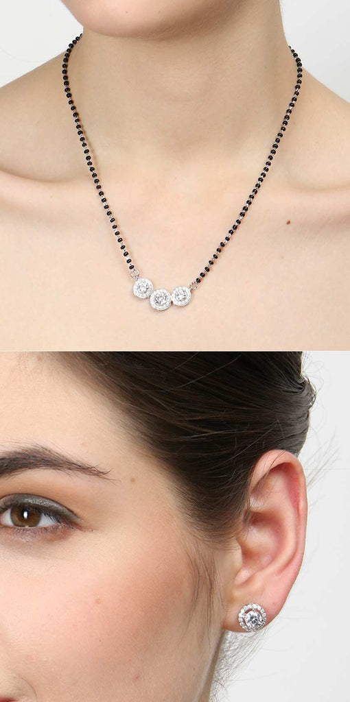 CLARA 925 Sterling Silver Poppy Mangalsutra Tanmaniya Pendant Earring Jewellery Set with Chain Gift for Women and Girls