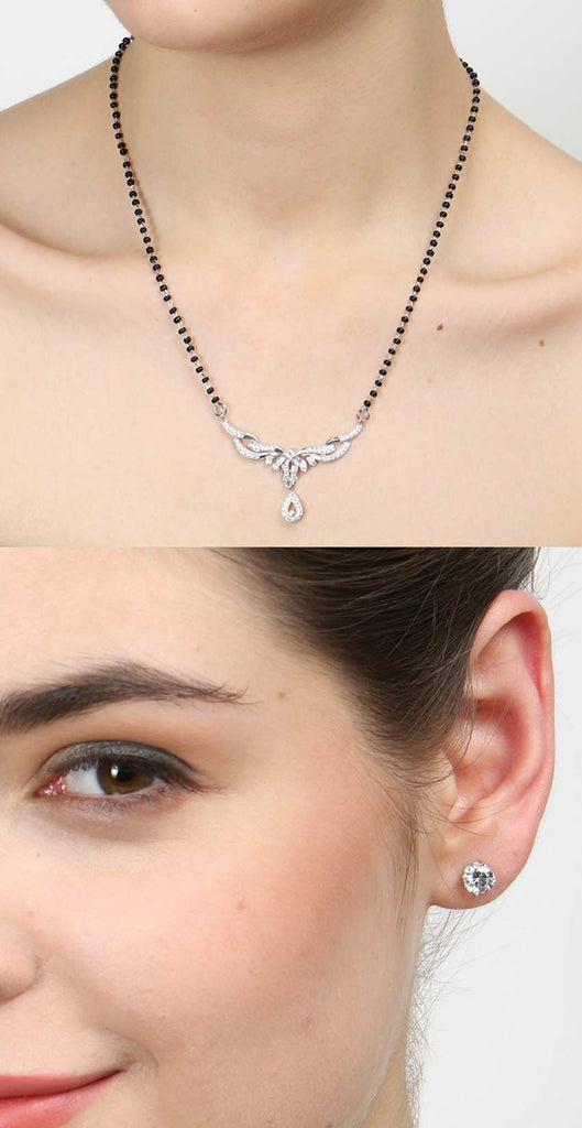 CLARA 925 Sterling Silver Maya Mangalsutra Tanmaniya Pendant Earring Jewellery Set with Chain Gift for Women and Girls