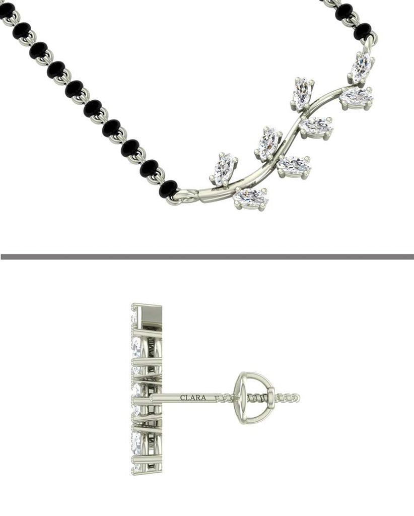 CLARA 925 Sterling Silver Leaf Mangalsutra Tanmaniya Pendant Earring Jewellery Set with Chain Gift for Women and Girls