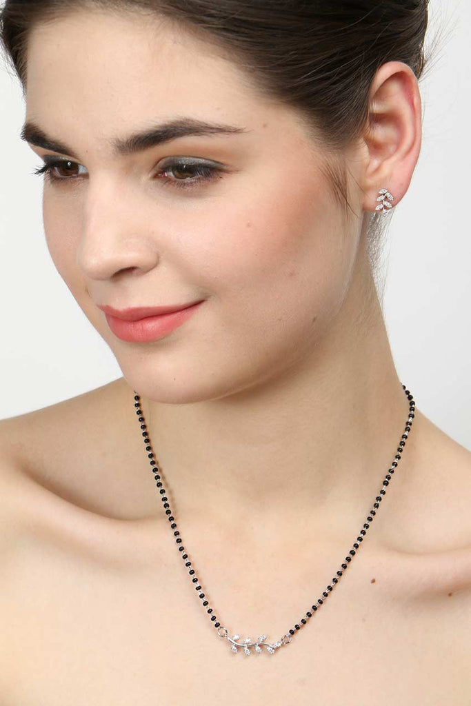 CLARA 925 Sterling Silver Leaf Mangalsutra Tanmaniya Pendant Earring Jewellery Set with Chain Gift for Women and Girls