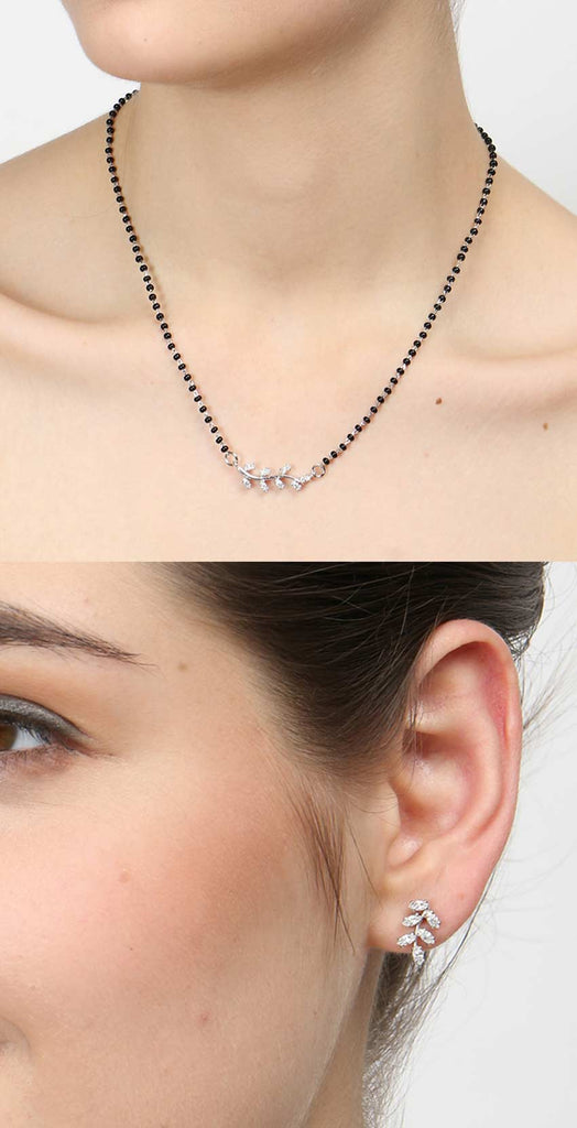 CLARA 925 Sterling Silver Leaf Mangalsutra Tanmaniya Pendant Earring Jewellery Set with Chain Gift for Women and Girls