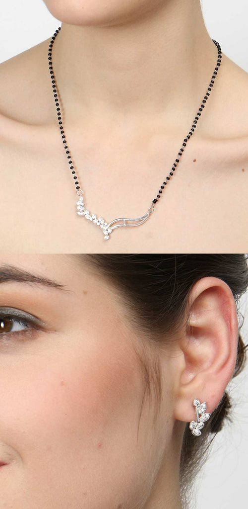 CLARA 925 Sterling Silver Freya Mangalsutra Tanmaniya Pendant Earring Jewellery Set with Chain Gift for Women and Girls