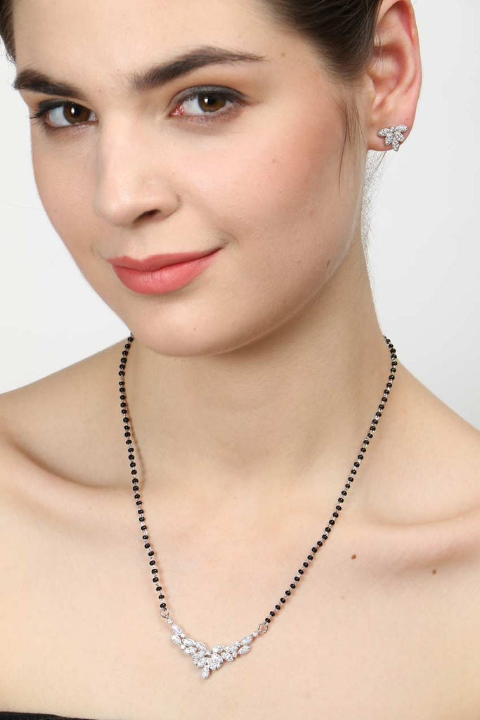 CLARA 925 Sterling Silver Elsie Mangalsutra Tanmaniya Pendant Earring Jewellery Set with Chain Gift for Women and Girls