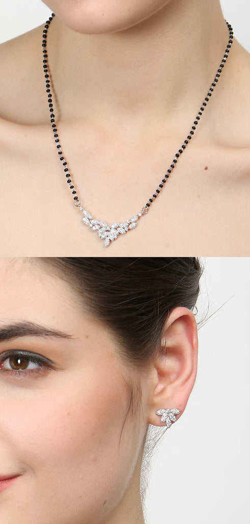 CLARA 925 Sterling Silver Elsie Mangalsutra Tanmaniya Pendant Earring Jewellery Set with Chain Gift for Women and Girls