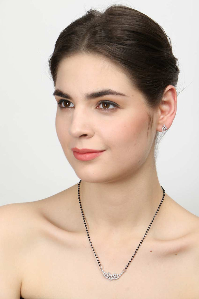 CLARA 925 Sterling Silver Daisy Mangalsutra Tanmaniya Pendant Earring Jewellery Set with Chain Gift for Women and Girls